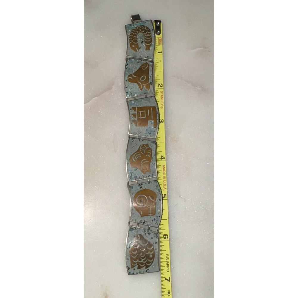 Vintage Sterling Silver Brass Turquoise Inlay Panel Bracelet Hencho En Mexico - Picture 12 of 14